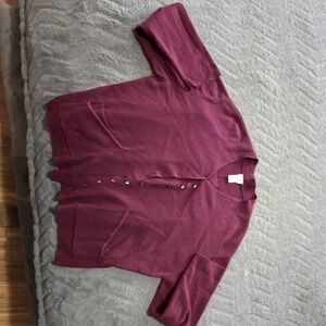 J. Jill Burgundy Cotton Cardigan Sweater Short Sleeve V-Neck L Button Pockets